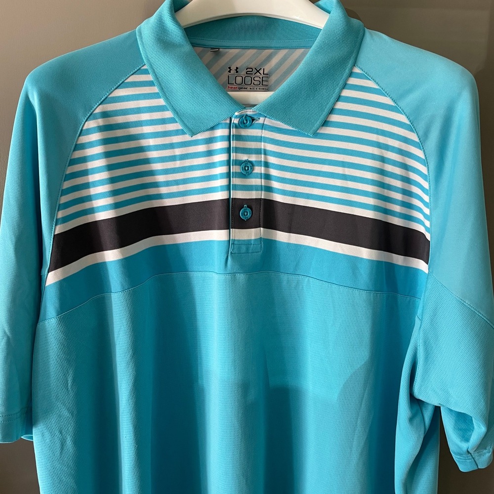 Under Armour Mens 2XL Loose HeatGear Golf Polo Blue Striped Palmer Legends CC